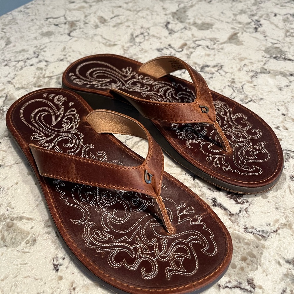 OluKai Brown Leather Sandals with Intricate Design